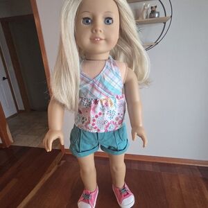 American Girl Blonde Doll with Teal Shorts & Pink Floral Top